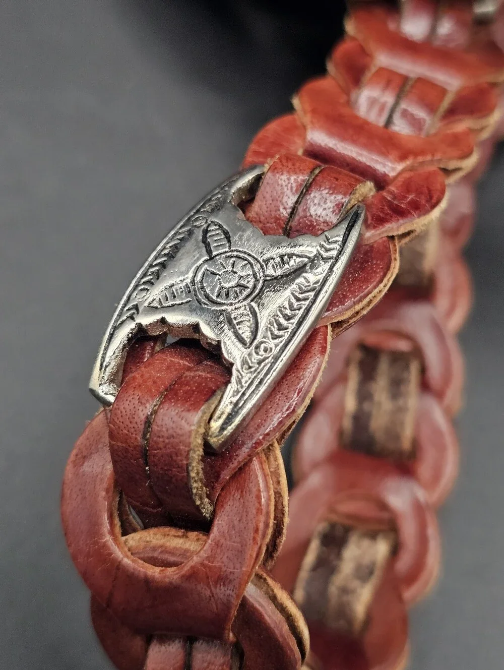 Vtg Capezio Brown Leather Link Belt Western Concho Boho Slip-Braid Belt 90s M/L